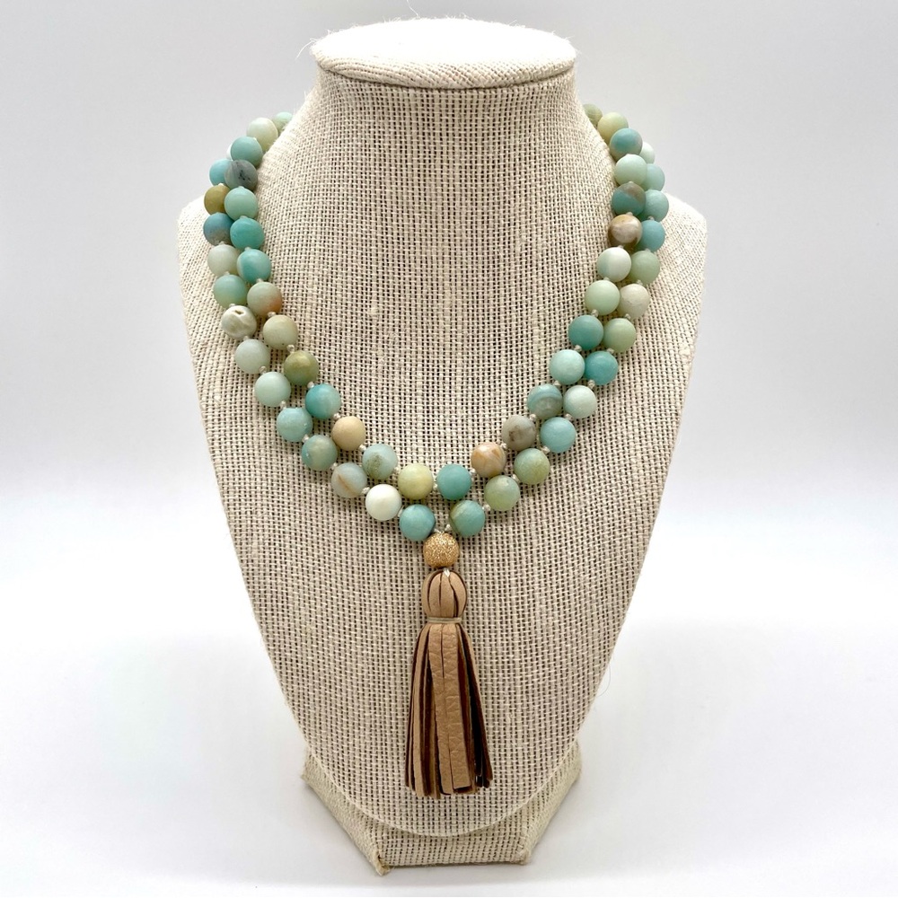 Gold & Gray Knotted Matte Amazonite & Leather Tassel Necklace